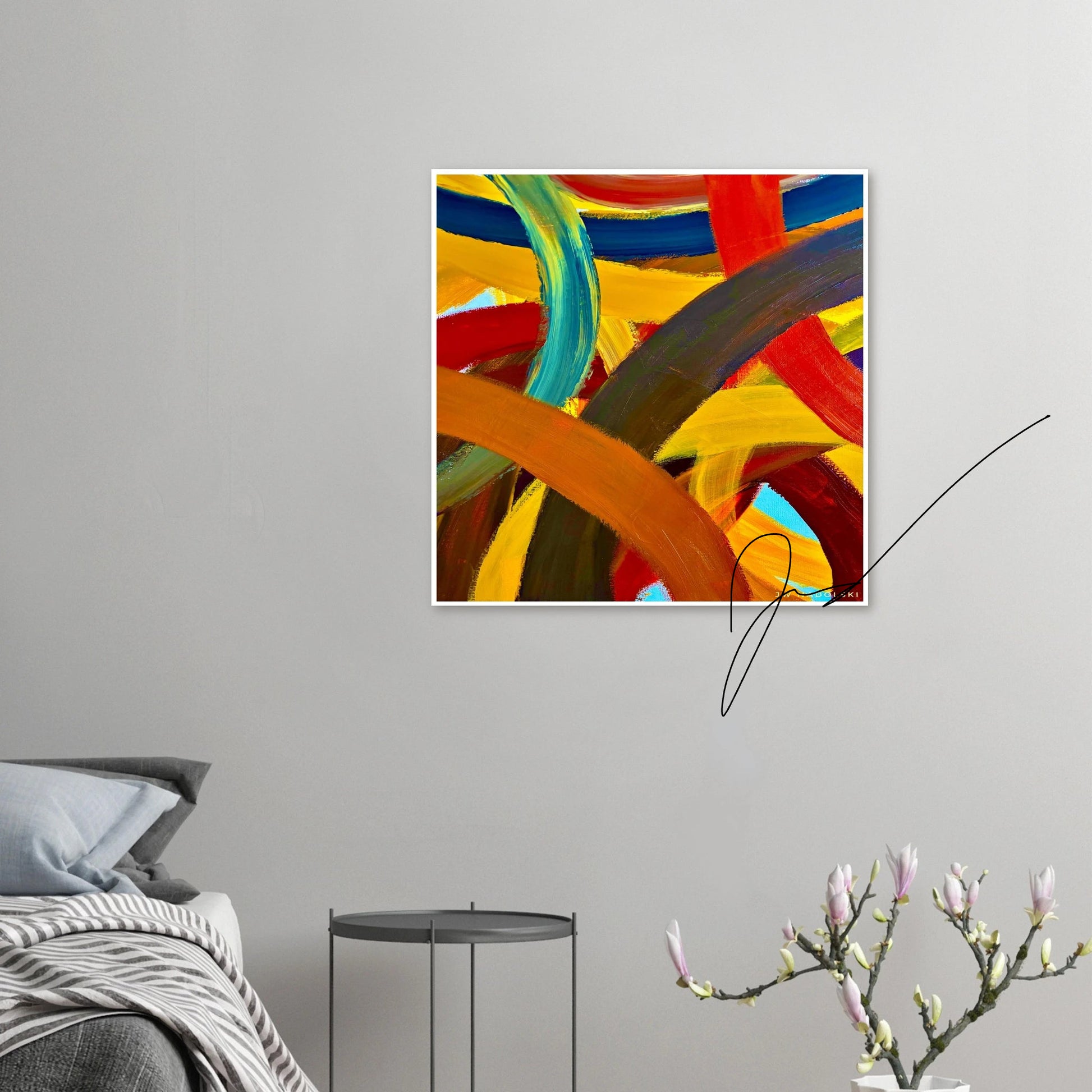 red blues yellows curved mockup room